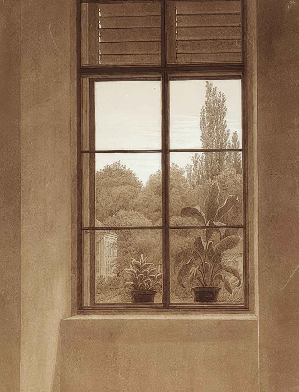 Vindue med udsigt til en park. Omkring 1837 (?) af Caspar David Friedrich