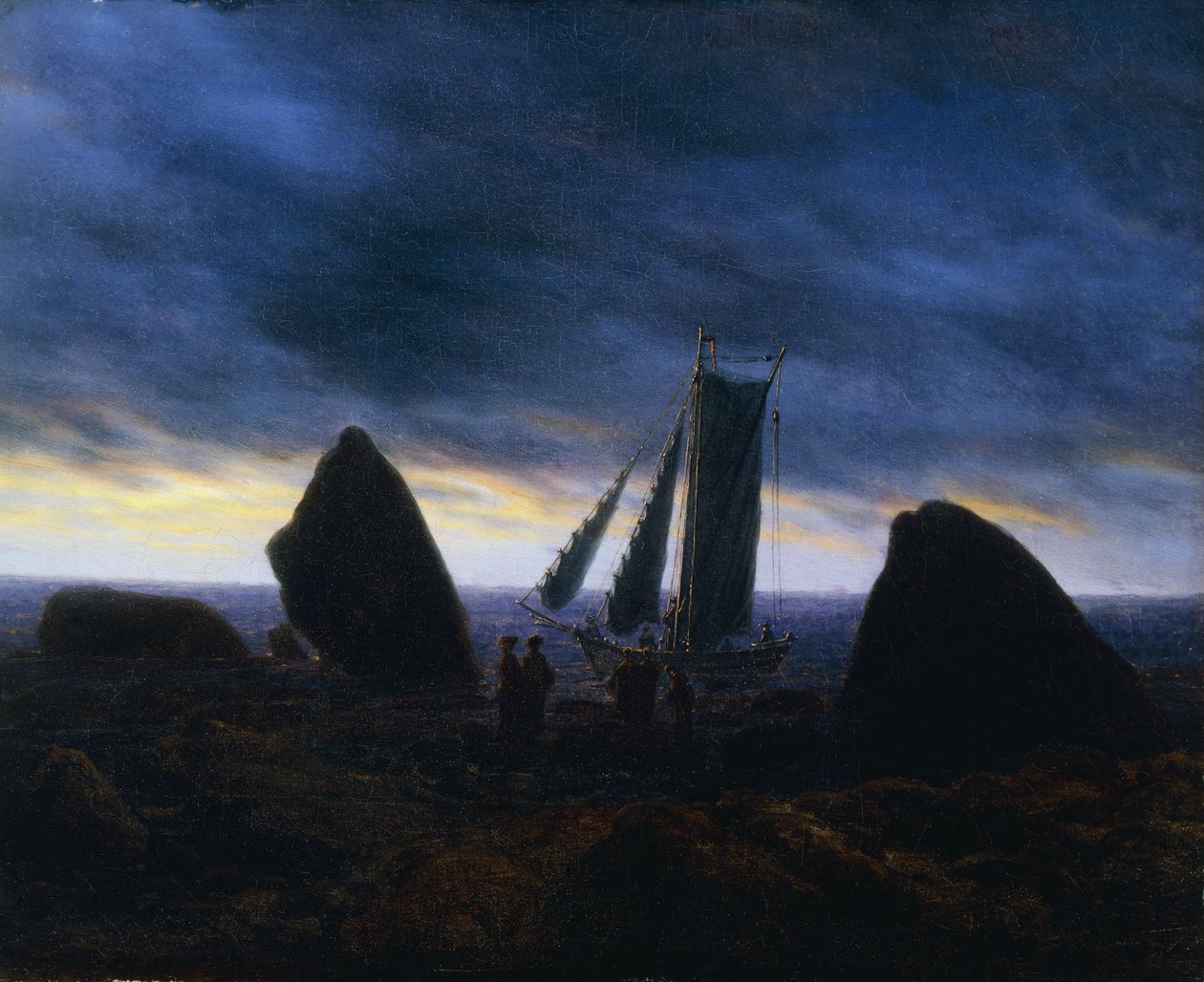 Fiskerbåd, der passerer figurer på en strand ved Østersøen; Fischerboot zwischen Findlingen am Ostseestrand, af Caspar David Friedrich