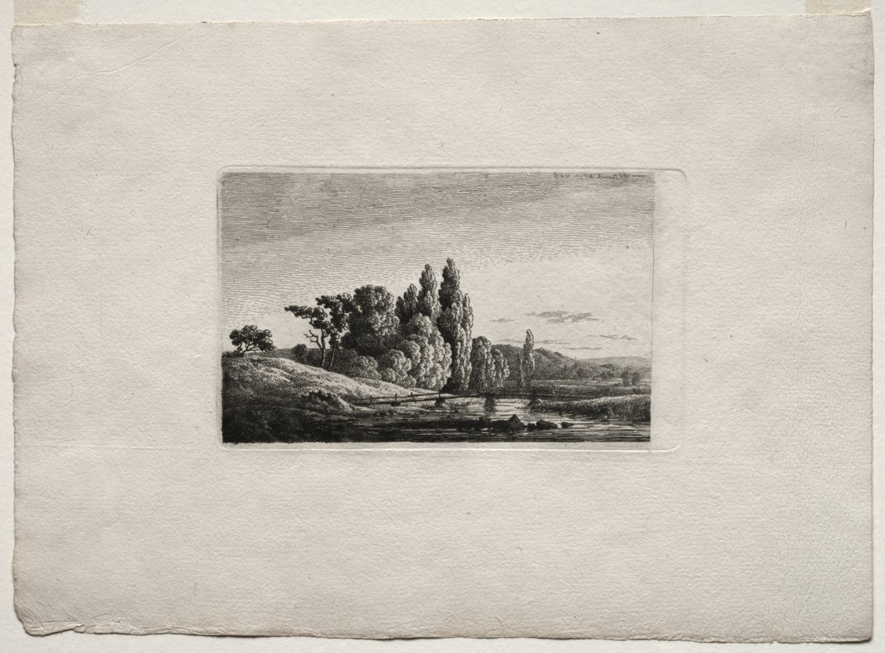 Gangbro med kryds før træer ved en flod af Caspar David Friedrich