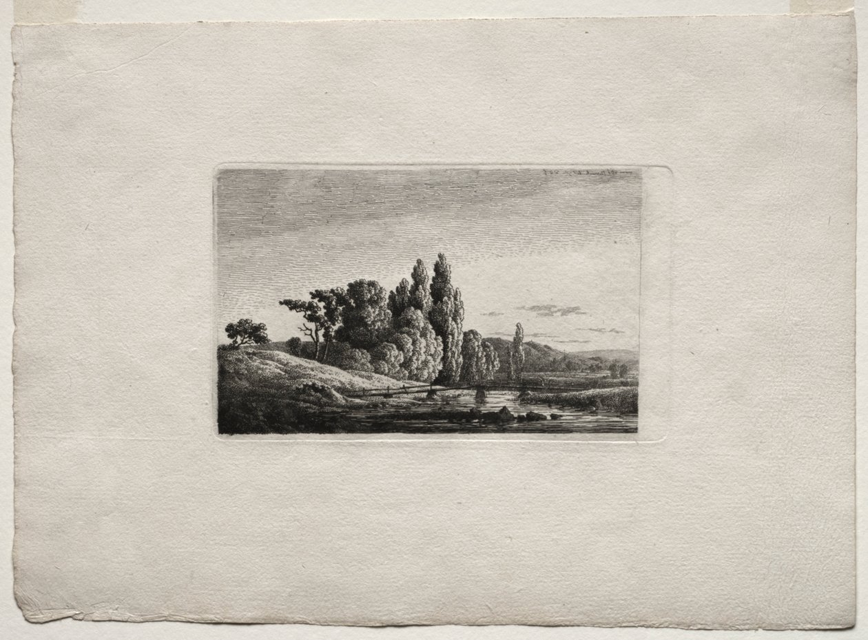 Gangbro med kors før træer ved en flod, ca. 1803. af Caspar David Friedrich