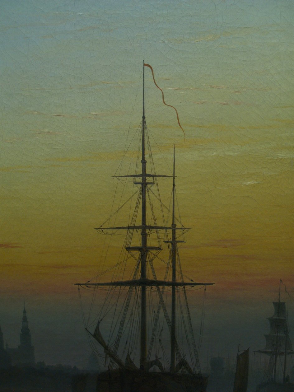 Tysk: Der Greifswalder Hafen Havnen i Greifswald
 detail Alternativ titel(r): Skibe i havnen i Greifswald detail af Caspar David Friedrich
