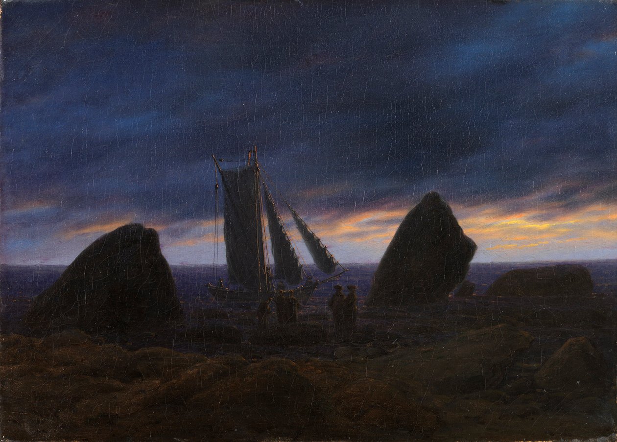 Tysk: Fischerboot zwischen Findlingen am Ostseestrand Fiskerbåd mellem to klipper på stranden ved Østersøen af Caspar David Friedrich