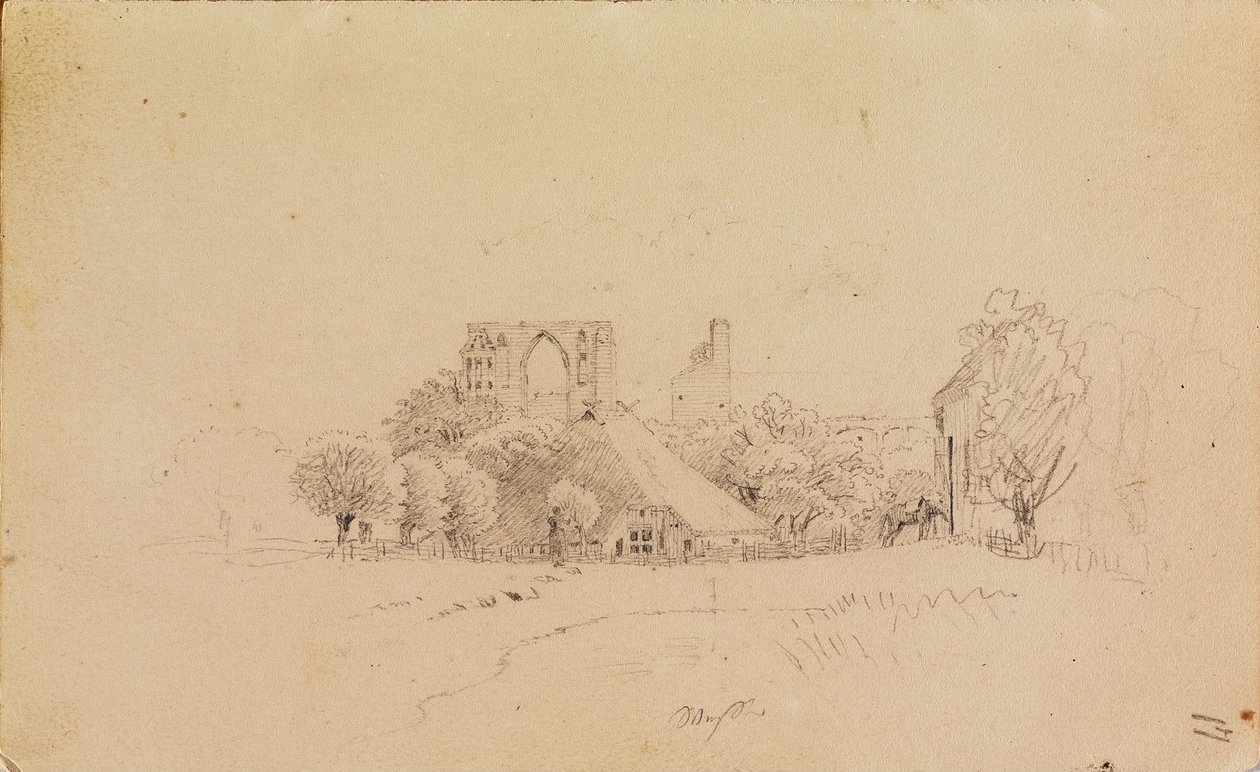 Klosterruinerne i Eldena med et stråtækt hus og et lille vand af Caspar David Friedrich