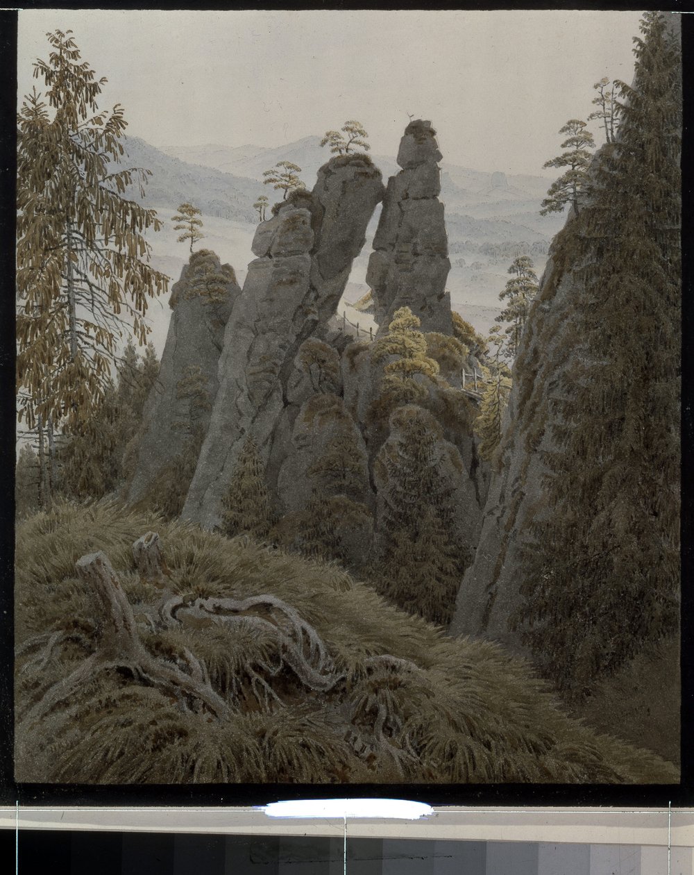 Stenporten i Neurathen (Tyskland). (Klippeportene i Neurathen). Værk af Caspar David Friedrich (1774-1840), akvarel på papir, mellem 1826 og 1828. Tysk kunst fra det 19. århundrede, romantik. State Hermitage, Sankt Petersborg. af Caspar David Friedrich