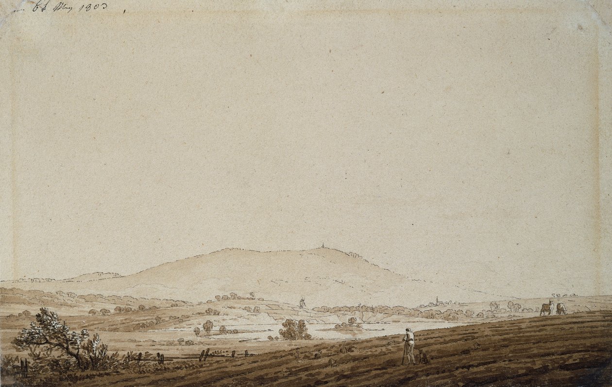 Landskab i Bøhmen med udsigt over Mount Jeschken, 1803 (pen og blækvask på papir) af Caspar David Friedrich