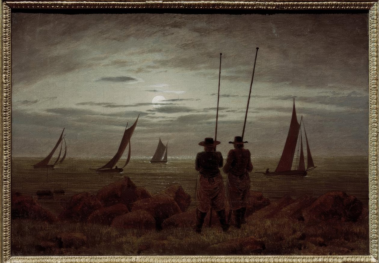 Månenat på stranden med fiskere af Caspar David Friedrich