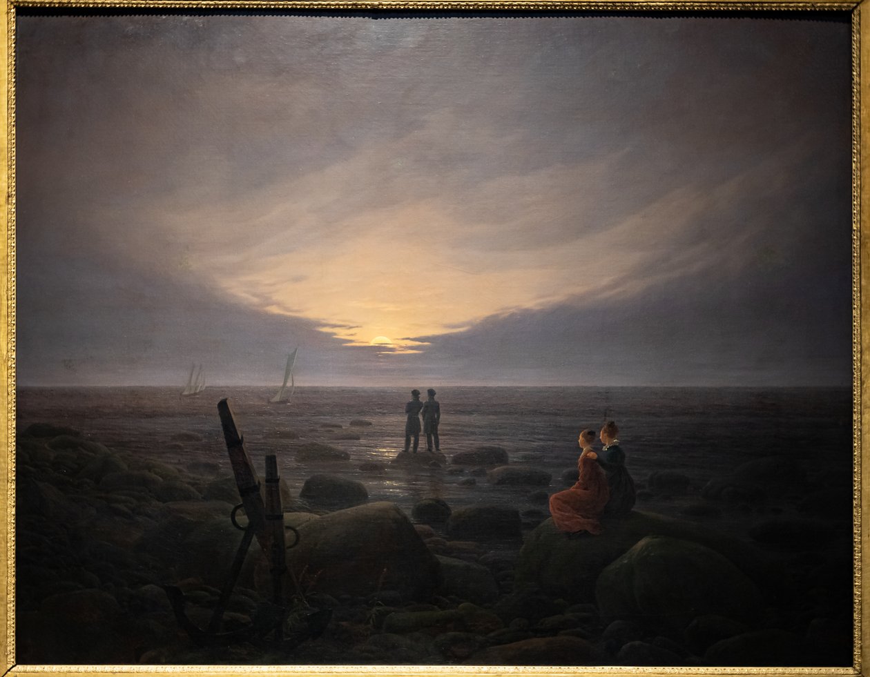 Månen stiger over havet (olie på lærred) af Caspar David Friedrich