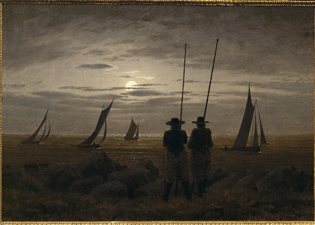Månelyst aften på stranden med fiskere af Caspar David Friedrich