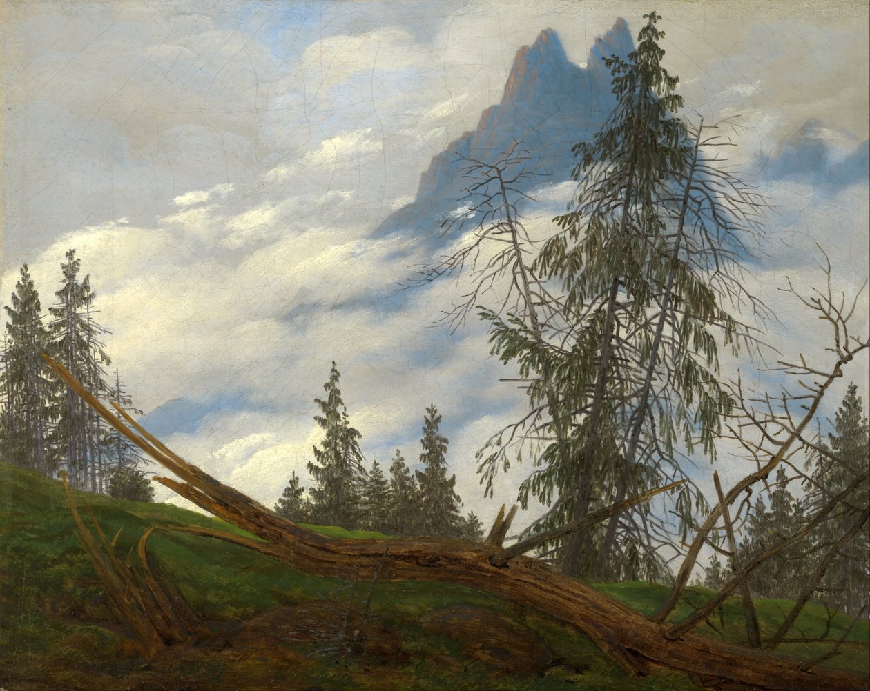 Bjergtop med drivende skyer af Caspar David Friedrich