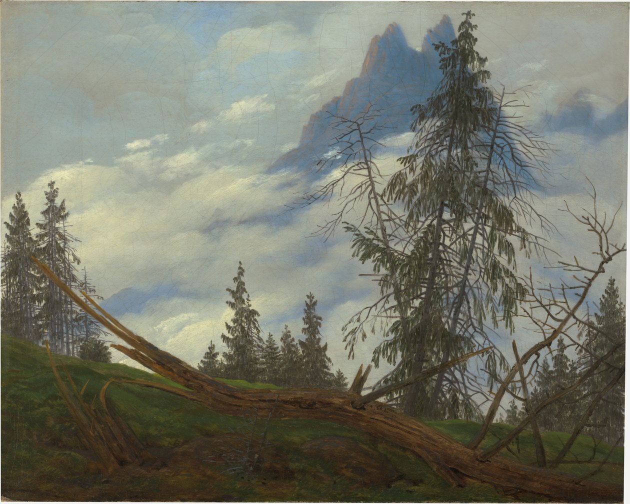 Bjergtop med drivende skyer af Caspar David Friedrich