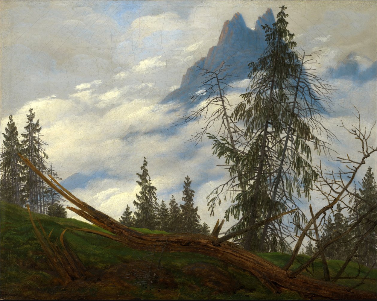 Bjergtop med drivende skyer af Caspar David Friedrich