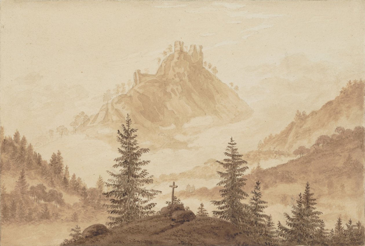 Bjerglandskab med tåge i dalen, ca 1805. af Caspar David Friedrich