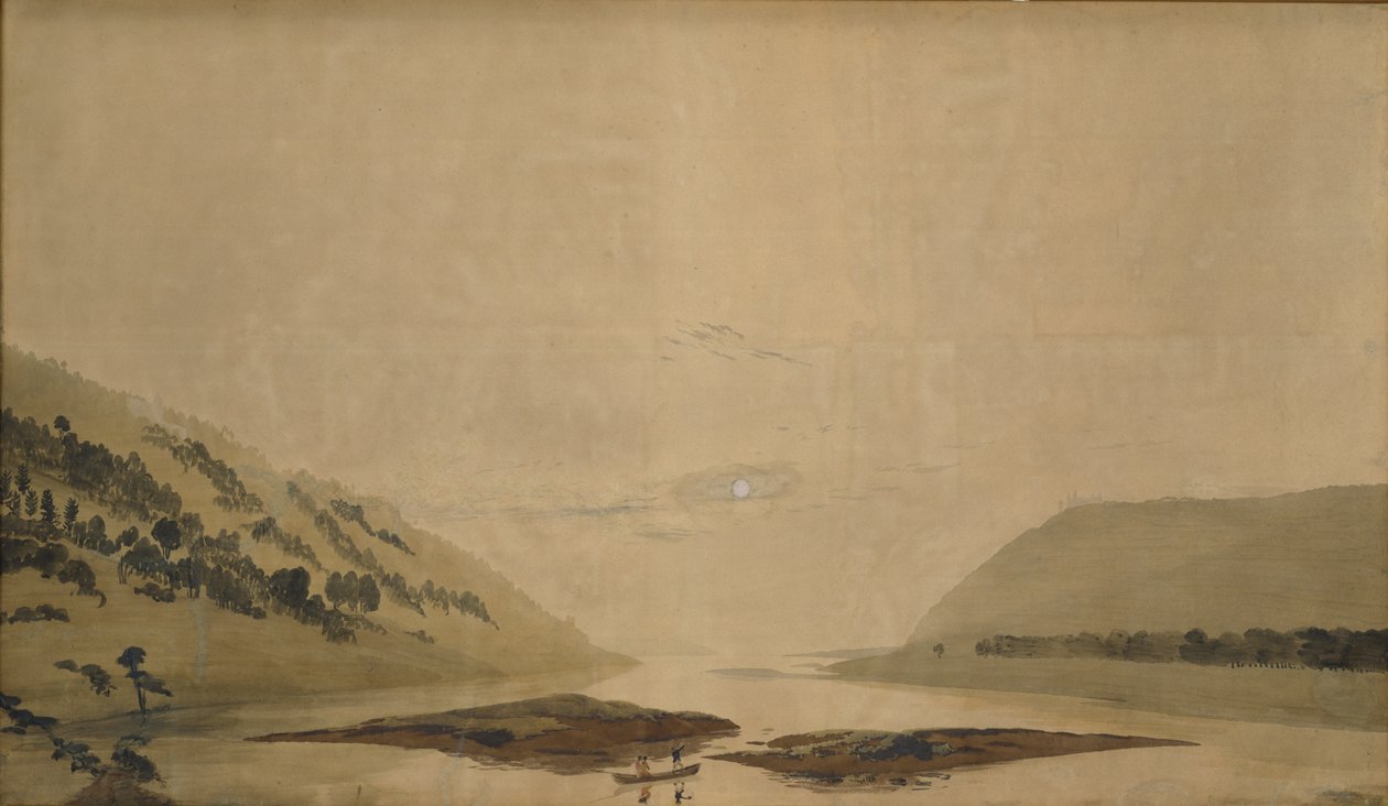 Bjerglandskab med flod om morgenen, 183035 (wc & tempera på gennemsigtigt papir) (par til 265365) af Caspar David Friedrich