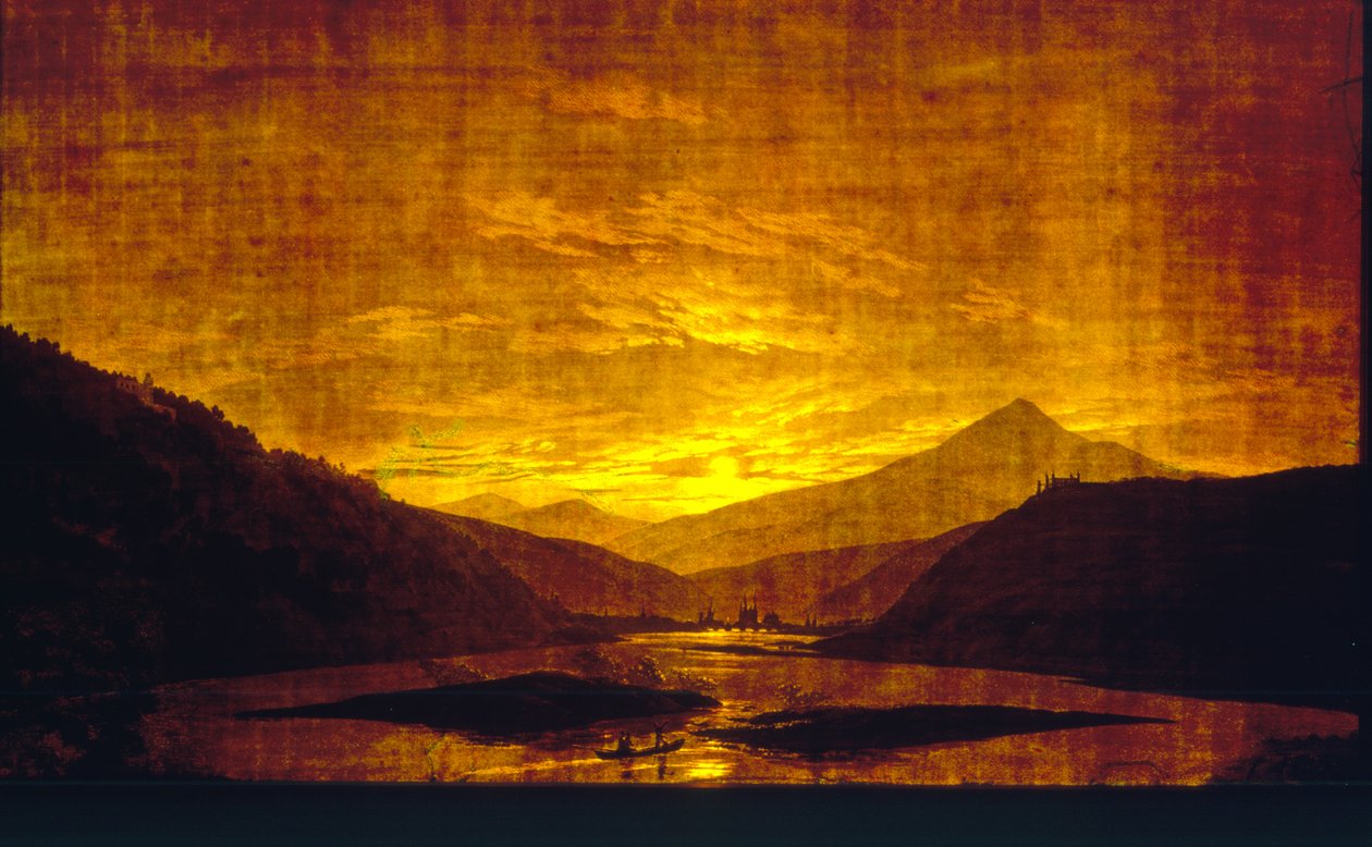 Mountainous River Landscape at Night, 1830-35 (wc & tempera på gennemsigtigt papir) (par til 242025) af Caspar David Friedrich