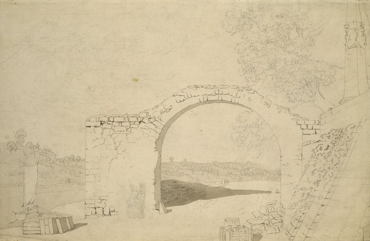 Flodlandskab med en bue (ufærdig) (blyant, pen og wc på papir) af Caspar David Friedrich