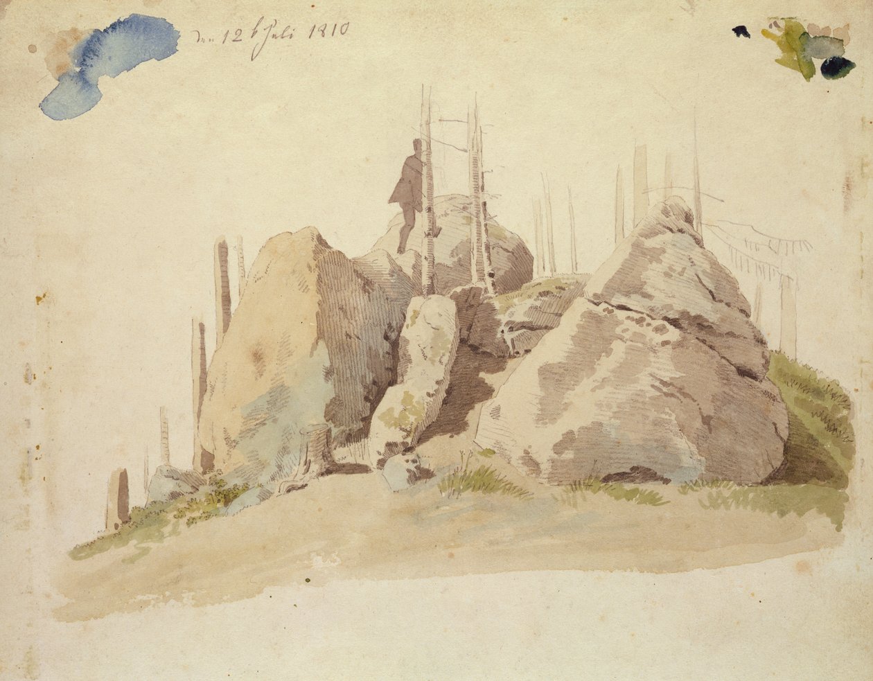 Rock and Tree: uafsluttet undersøgelse, 12. juli 1810 (wc og blyant på papir) af Caspar David Friedrich
