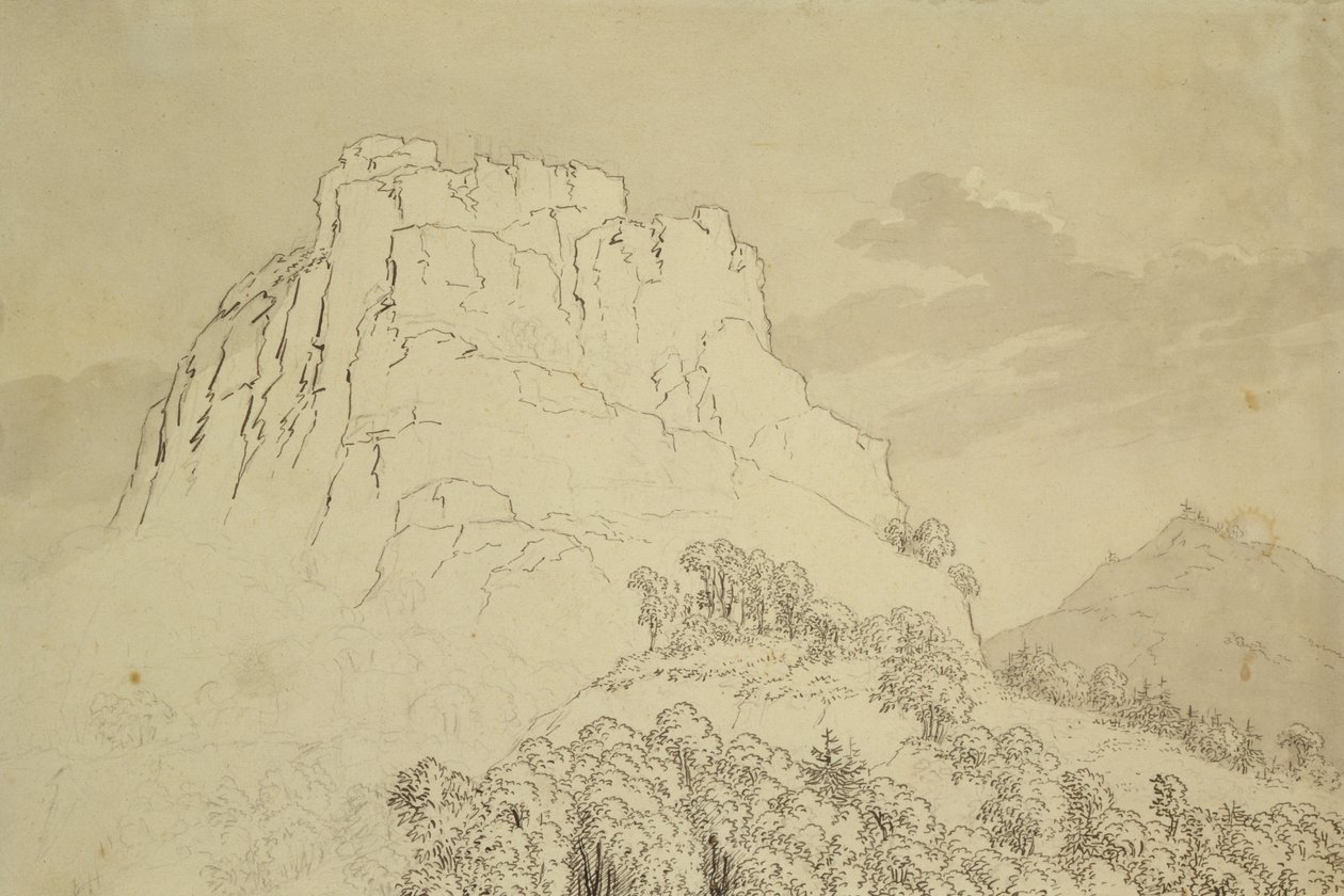 Rocky Hilltop med en Wooded Hill foran (blyant, pen og wc-vask på papir) af Caspar David Friedrich