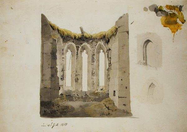 Ruiner af et gotisk kor, 4. juli 1810 (blyant og wc på papir) af Caspar David Friedrich