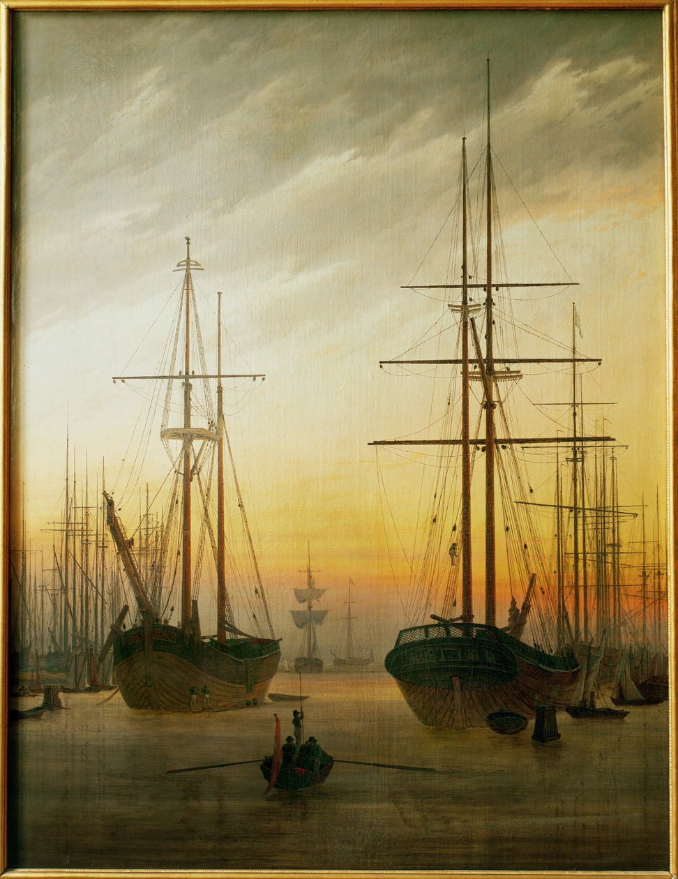 Skibe i havnen (olie på lærred) af Caspar David Friedrich