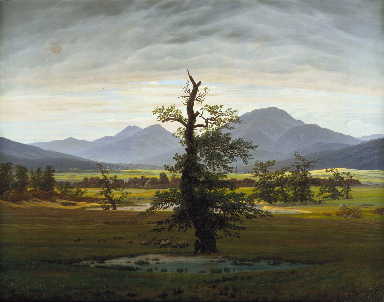 Solitary Tree Village Landscape in Morning Light, 1822 af Caspar David Friedrich