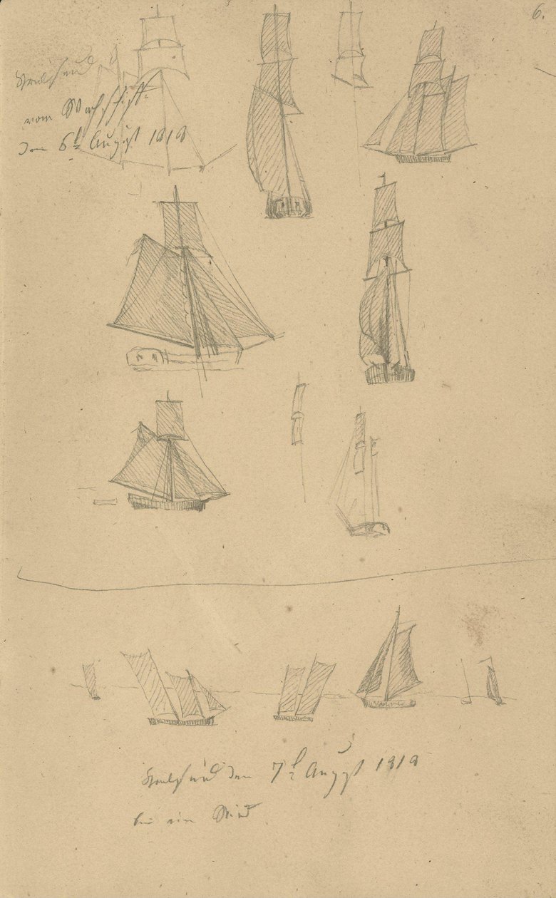 Studier af sejlskibe af Caspar David Friedrich