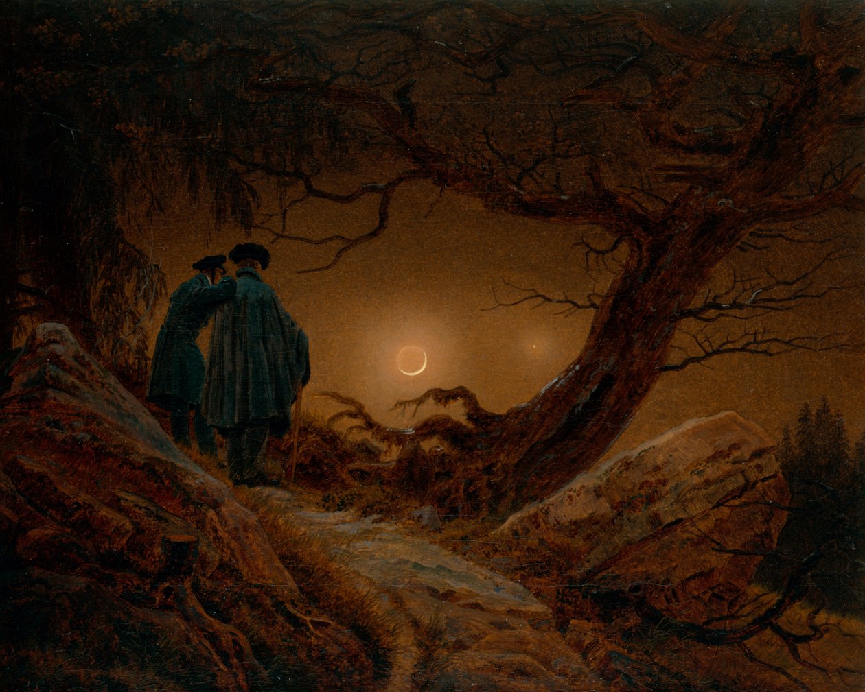 To mænd overvejer månen af Caspar David Friedrich