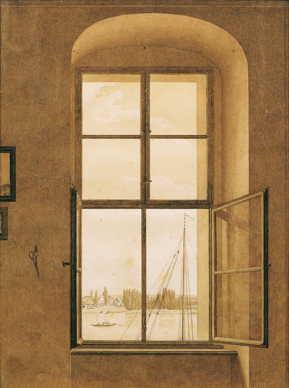 Udsigt fra vinduet i kunstnerens atelier, højre vindue, 1805-1806. af Caspar David Friedrich
