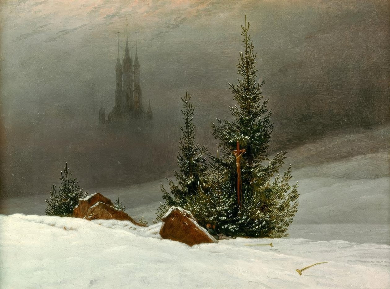 Vinterlandskab med kirke af Caspar David Friedrich