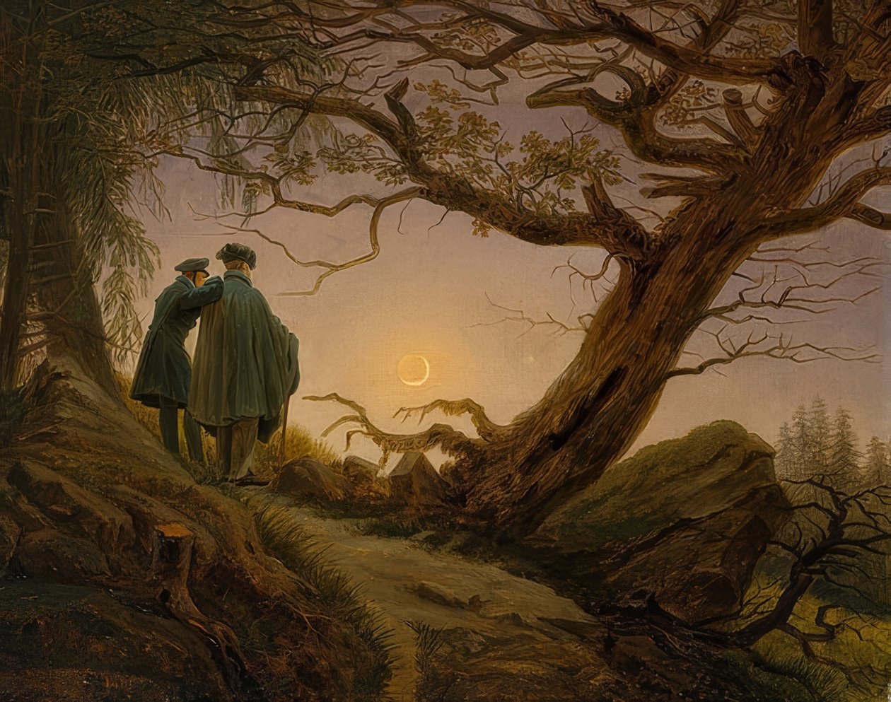 To mænd betragter månen. Omkring 1825-30 af Caspar David Friedrich
