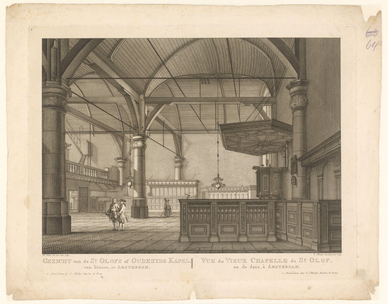 Interiør af St. Olofs kapel i Amsterdam Udsigt over St. Olofs- eller Oudezyds-kapellet indefra, i Amsterdam / Vue du Vieux Chapelle de St. Olof og dansen, à Amsterdam (titel på objektet) af Caspar Jacobsz. Philips
