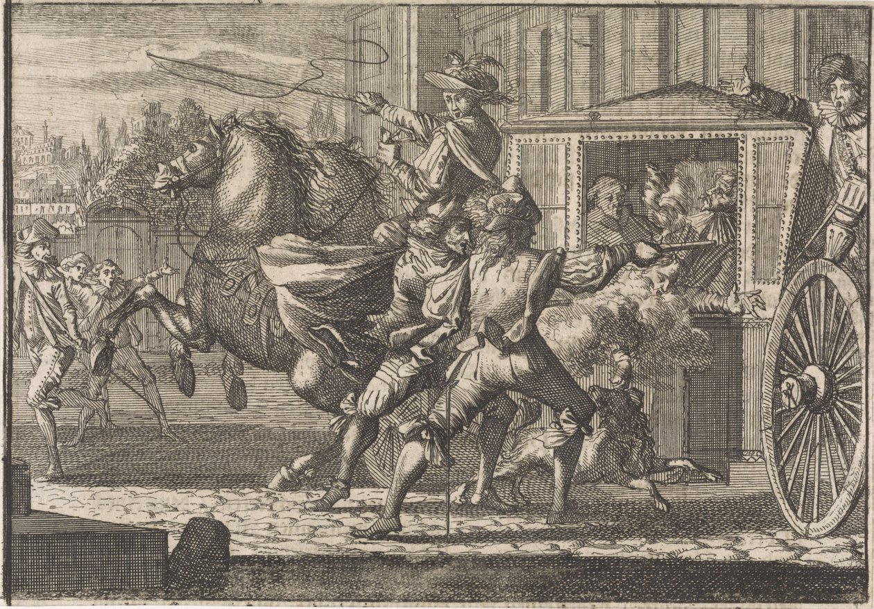Angreb på Nicolau Monteiro, Prior af Cedofeita, i Roms gader af Caspar Luyken (attributed to)