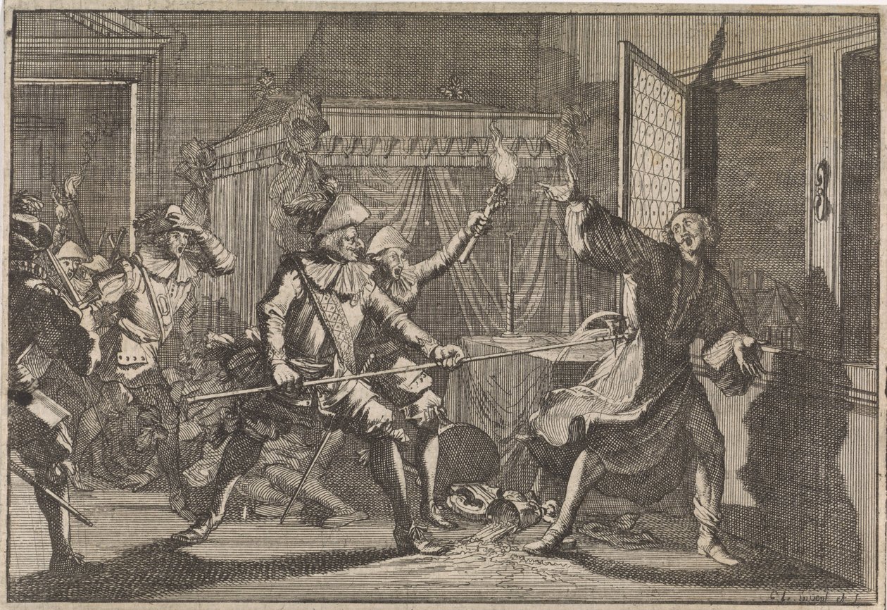 Albrecht von Wallenstein, hertug af Friedland, bliver myrdet af sine egne soldater, 1634 af Caspar Luyken (attributed to)