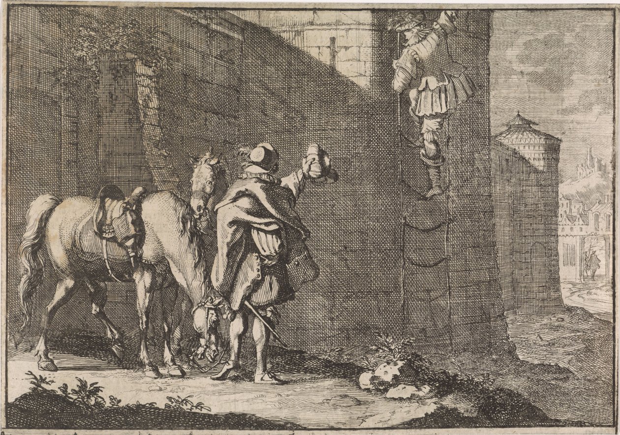 General Hans Georg von Arnim-Boitzenburg flygter fra fængslet via en reblæsser, 1638 af Caspar Luyken (attributed to)
