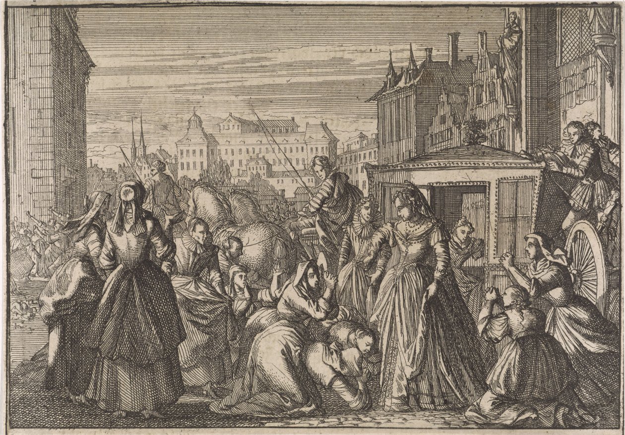 Kvinder knæler foran dronning Anna i Paris, beder hende om at skære i skatten, 1645 af Caspar Luyken (attributed to)