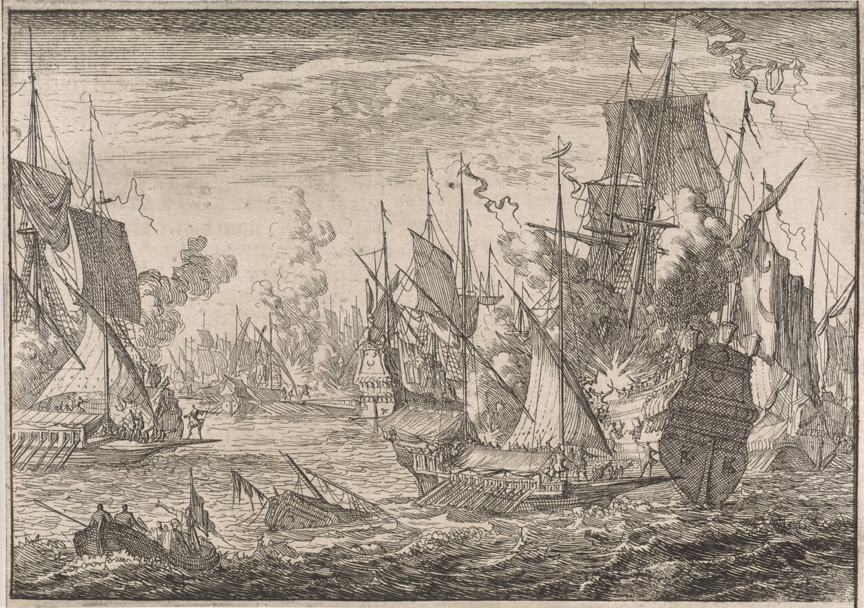 Søslag mellem tyrkiske krigsskibe og galejer fra Knights of Malta, 1644 af Caspar Luyken (attributed to)