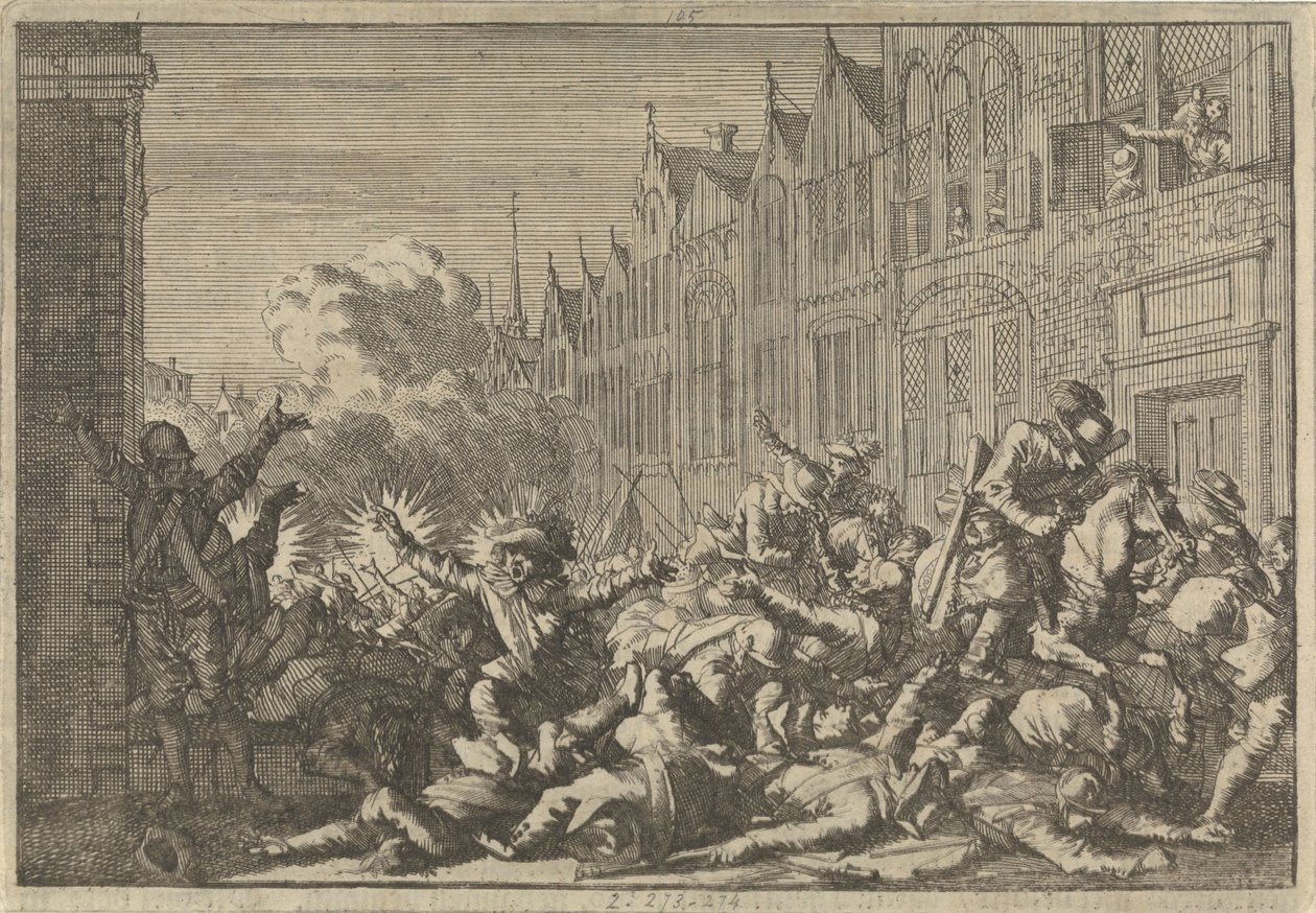 Vrede besat af Mazarin-tilhængere overfaldet af guvernør De Rohans ti kanoner, 1652 af Caspar Luyken