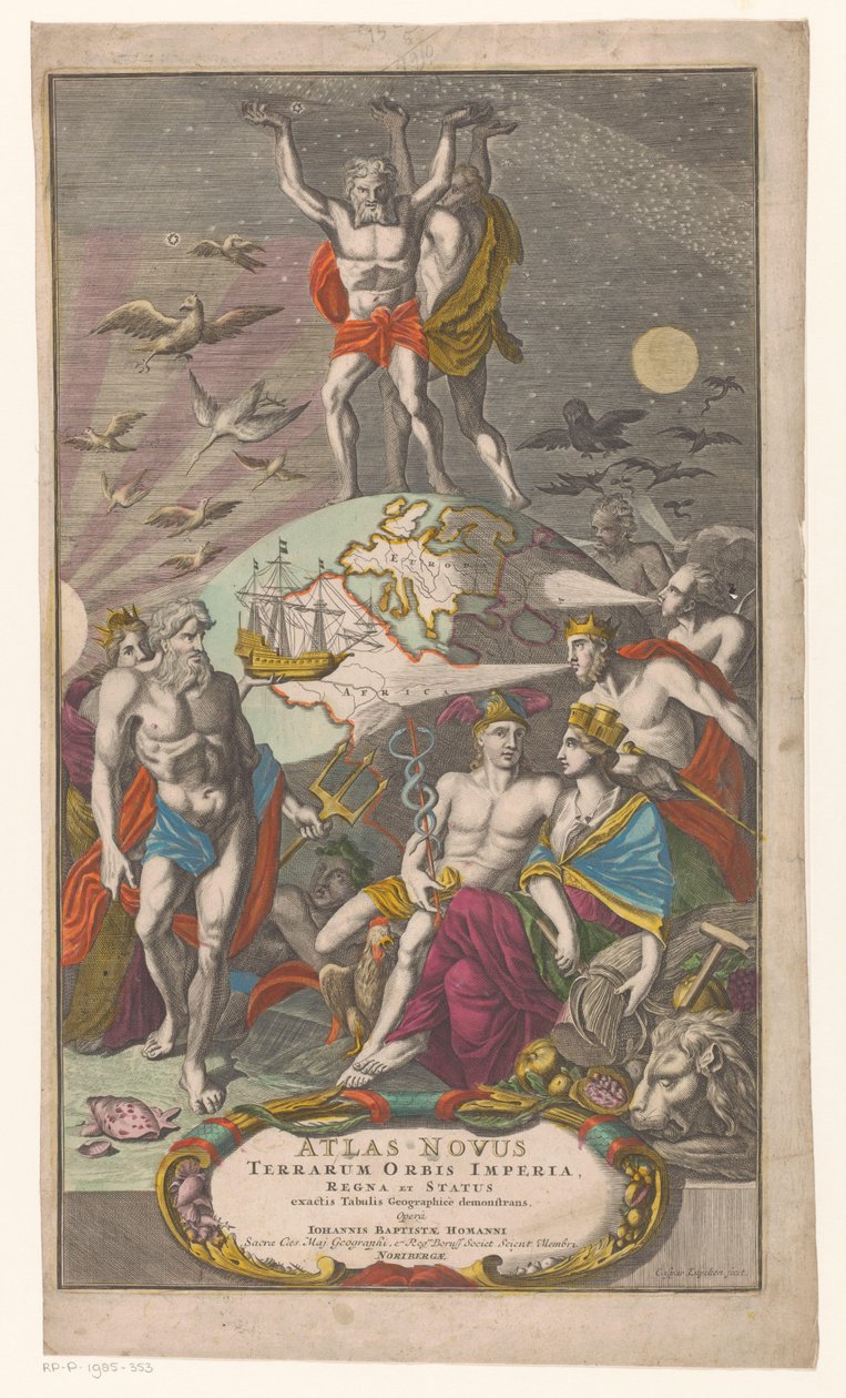 Atlas en Hercules bærer sternerhemel Titelside for: Johann Baptista Homan, Et nyt atlas over verdensrigerne, kongerigerne og staterne, der viser nøjagtige geografiske tabeller, 1710 af Caspar Luyken