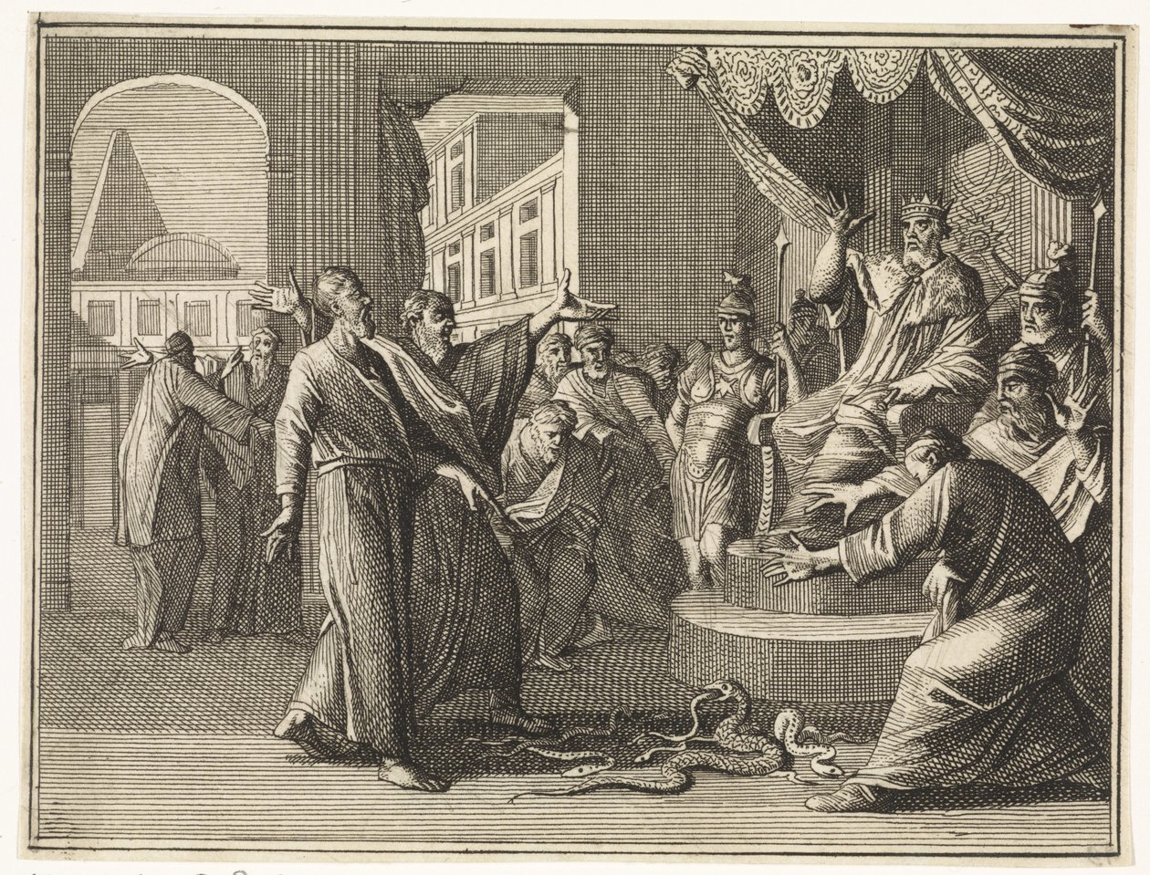 Moses’ stav, der er forvandlet til en slange, fortærer de egyptiske troldmænds stave af Caspar Luyken
