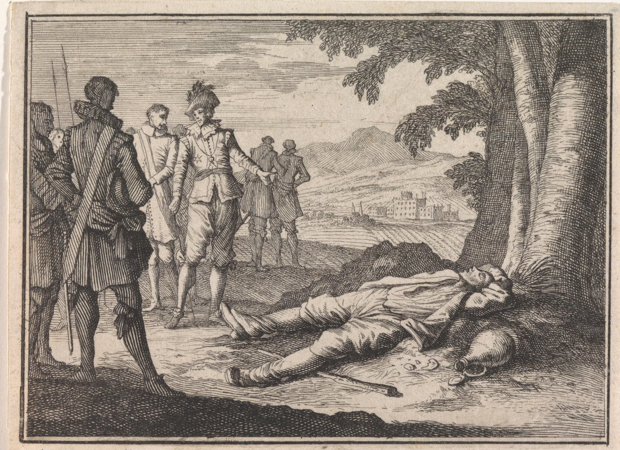 Filip den Gode finder en beruset bonde under et træ af Caspar Luyken