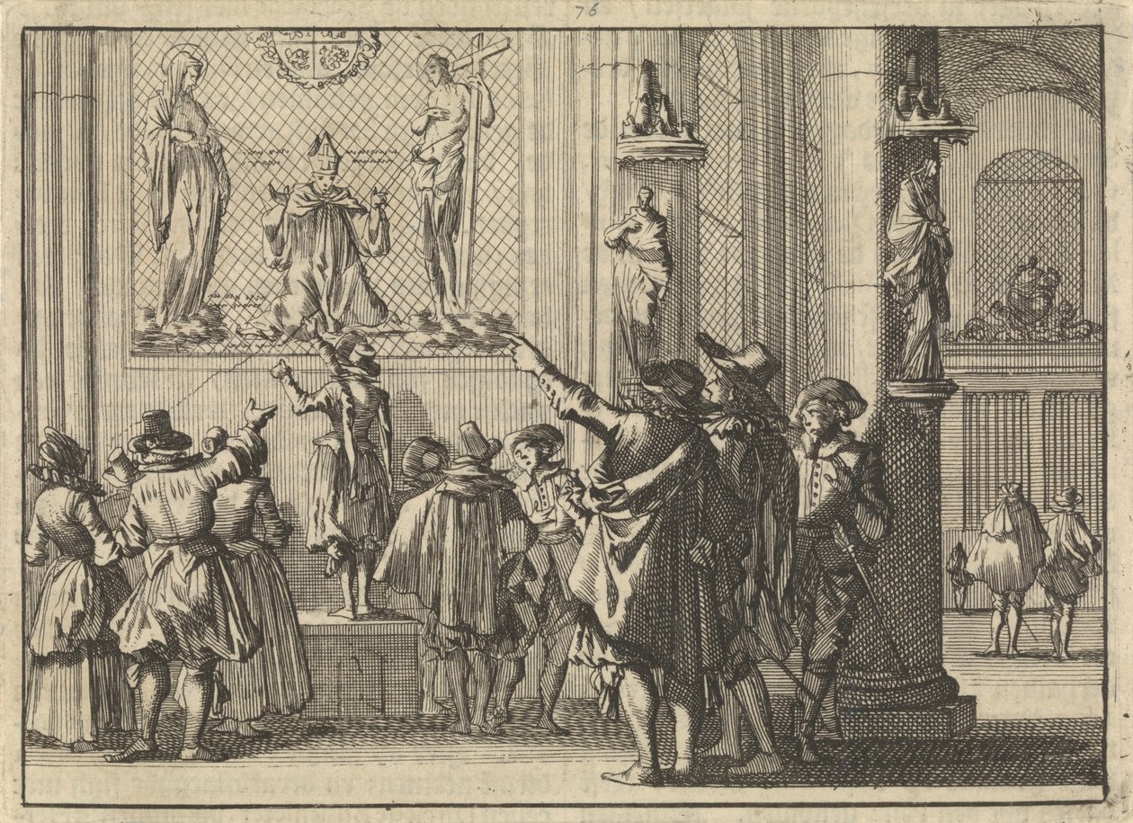 Malet vindue, fundet efter erobringen af ​​Den Bosch i kirken dér, forestillende biskop Gisbertus Marius mellem Kristus og Maria, 1629 af Caspar Luyken