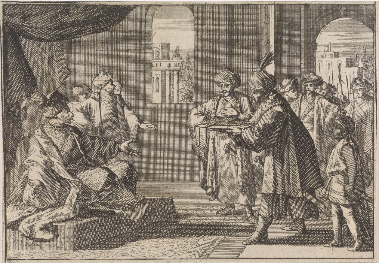 Guei-tschun, premierminister under kejser Chongzhen, bliver bragt et silketov til at hænge sig selv, 1643 af Caspar Luyken