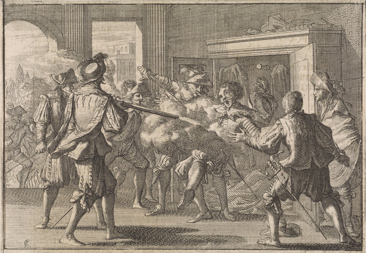 Miguel de Vasconcelos bliver opdaget i et skab og myrdet af rasende portugisere, 1640 af Caspar Luyken