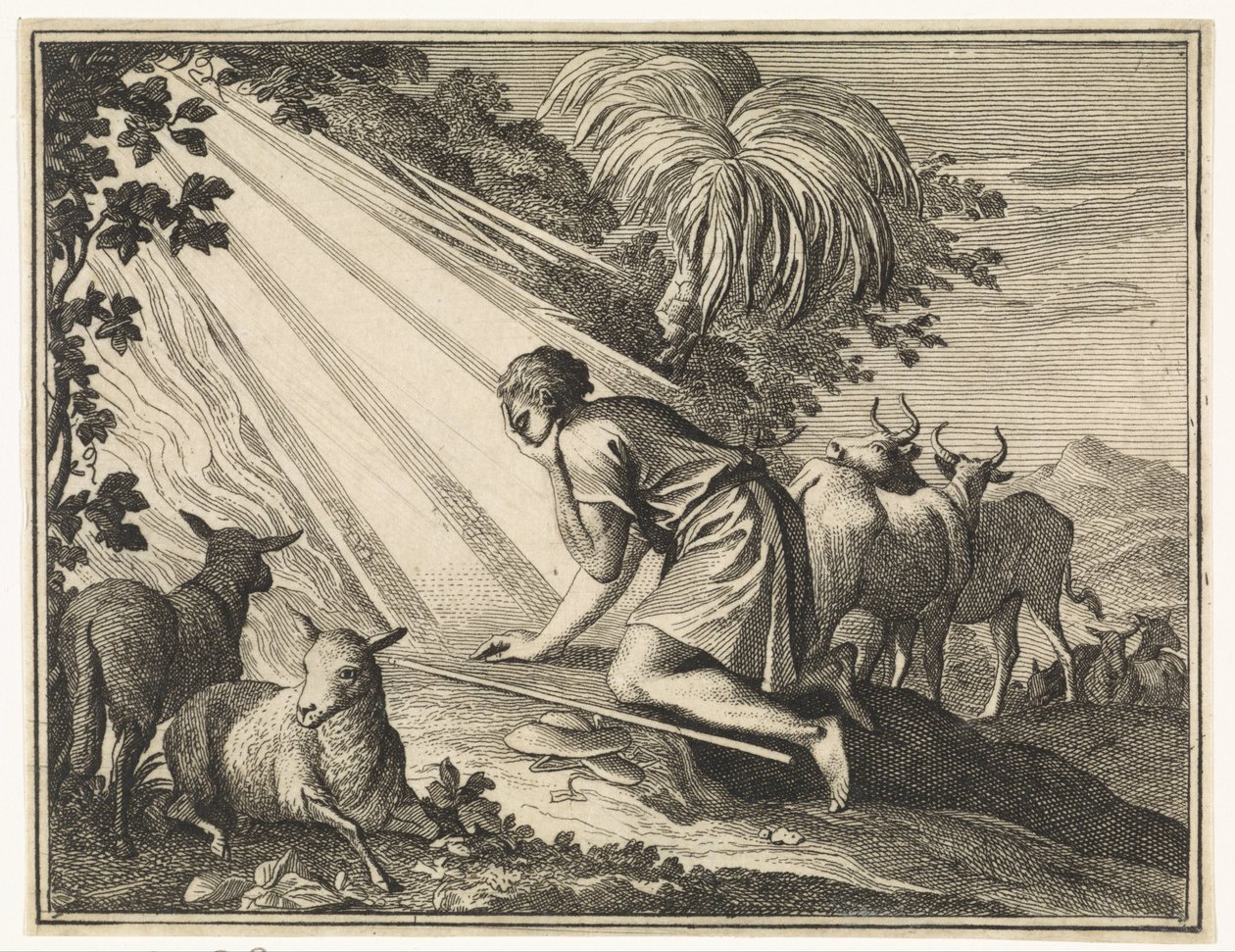 Moses knæler ved den brændende tornebusk af Caspar Luyken