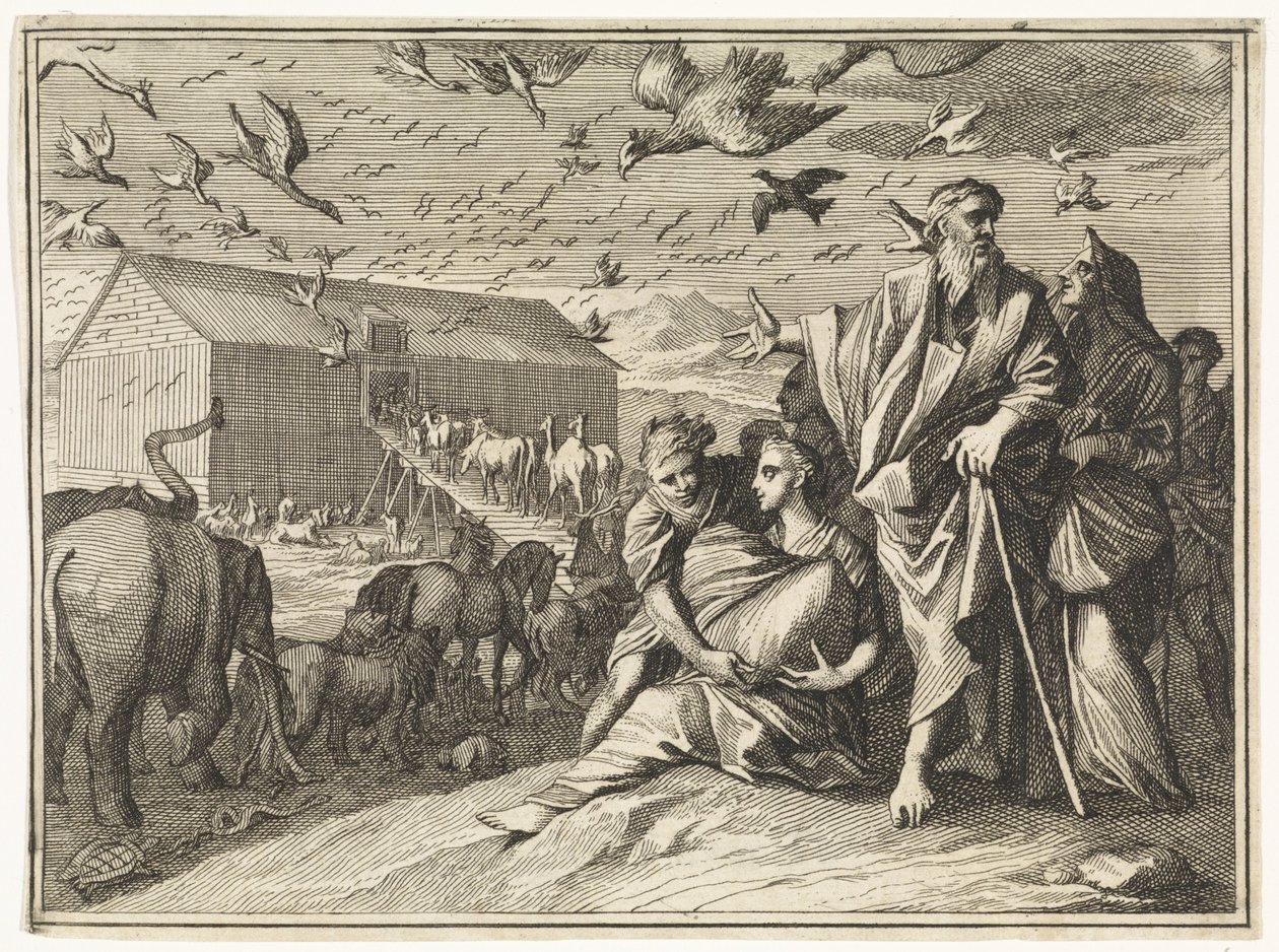 Noah og hans familie begiver sig mod arken af Caspar Luyken