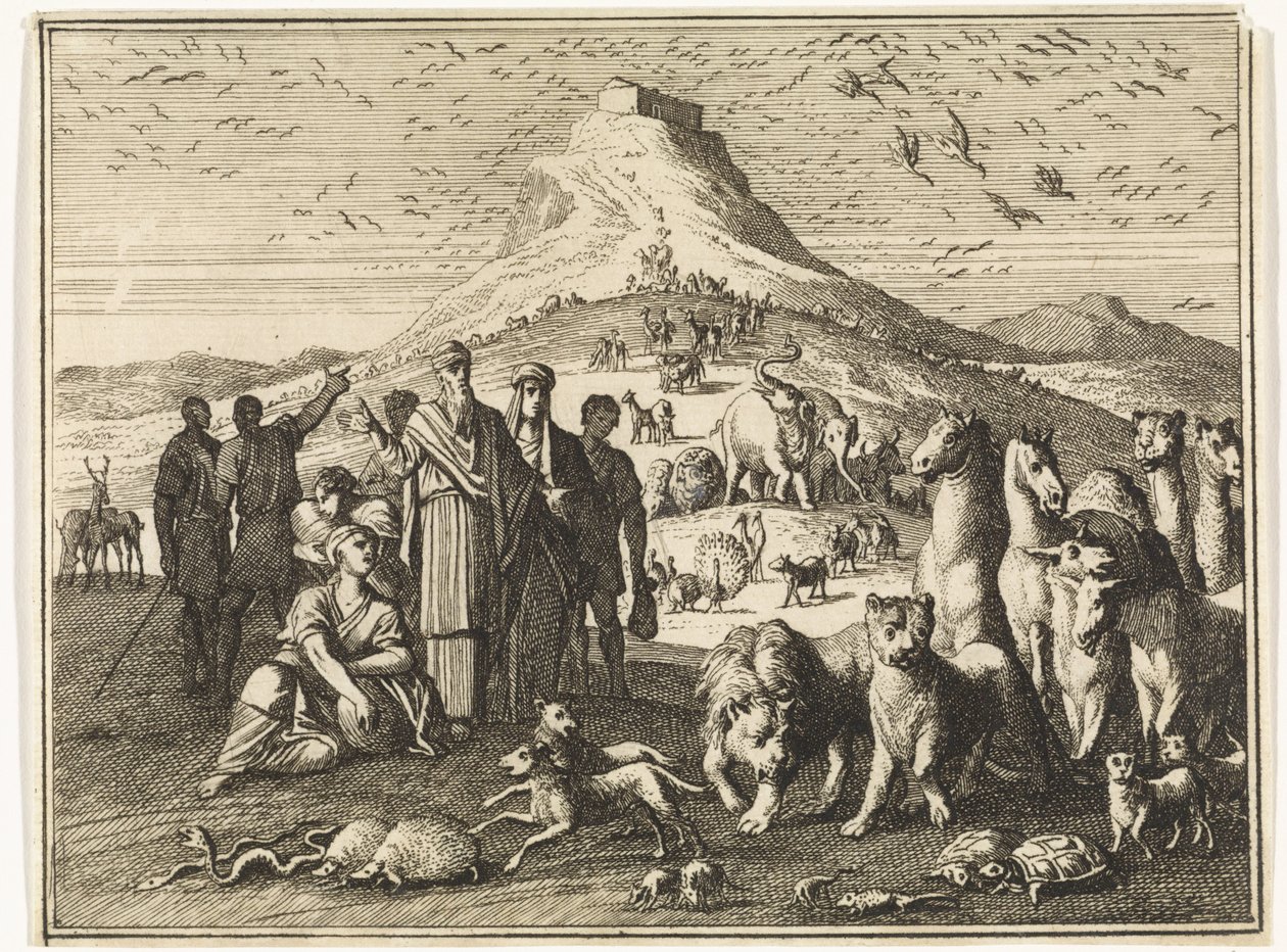 Noa, hans familie og dyrene forlader arken af Caspar Luyken