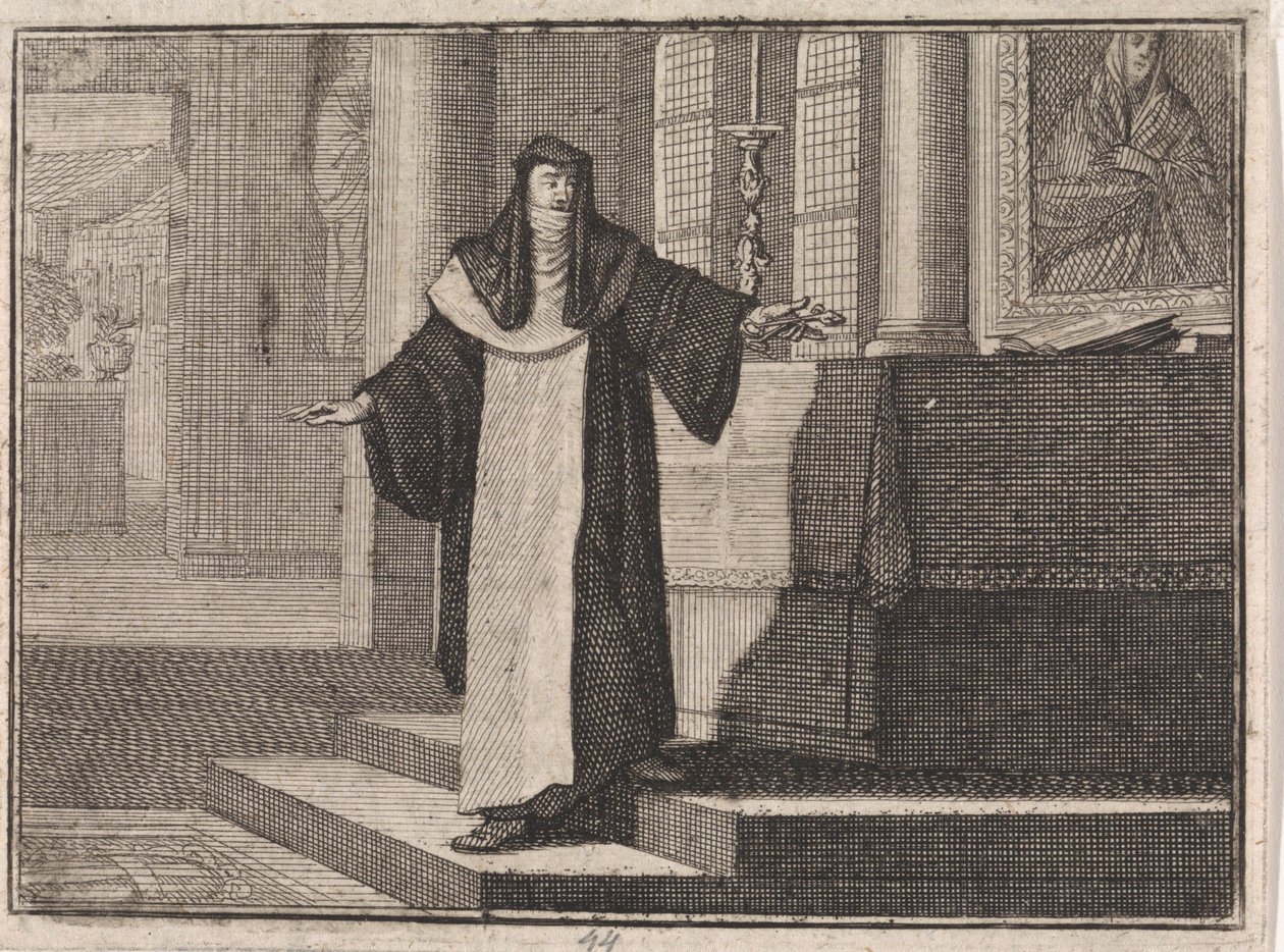 Non lægger en nøgle på et alter foran et billede af Jomfru Maria af Caspar Luyken
