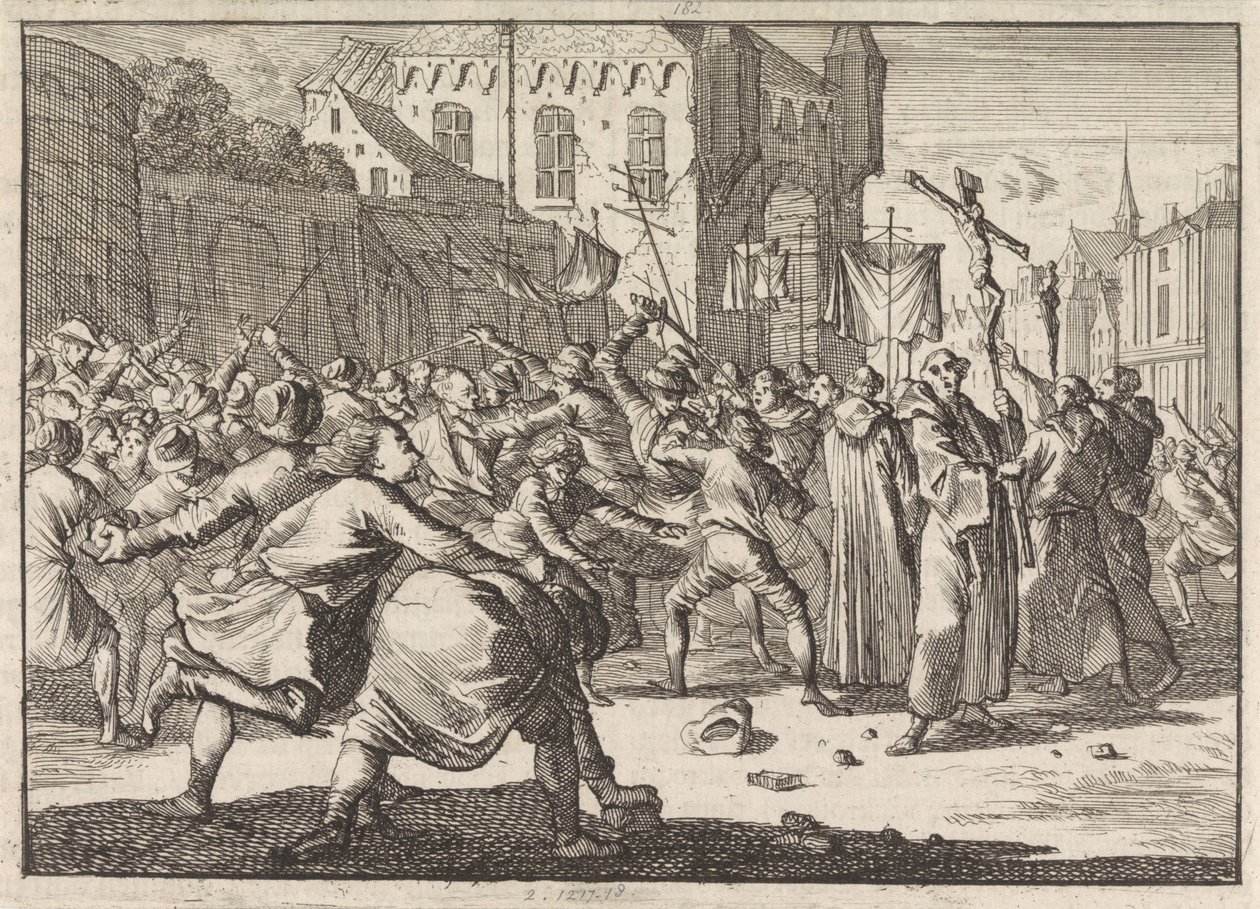 Ved Danzig hilses en procession af folket med stentrin, 1678 af Caspar Luyken