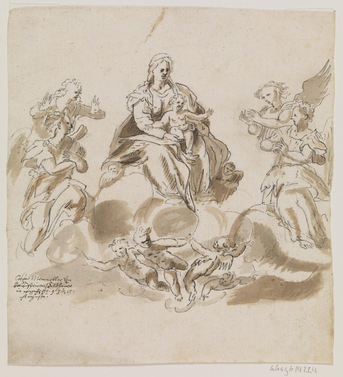 Jomfru Maria med barnet i himlen omgivet af engle og putti af Caspar Menneler