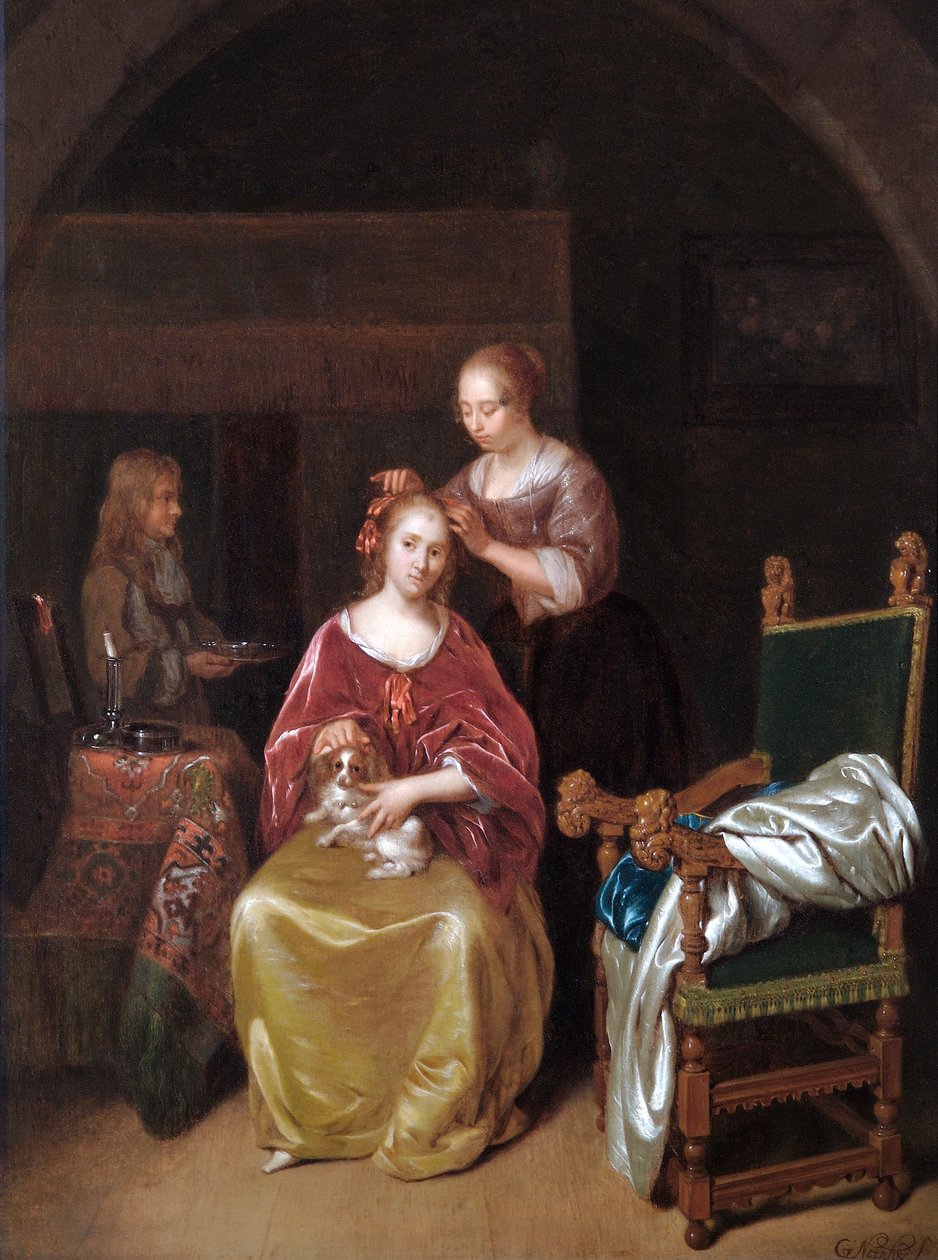 A Lady At Her Toilet, ca. 1665 (olie på egetræspanel) af Caspar Netscher