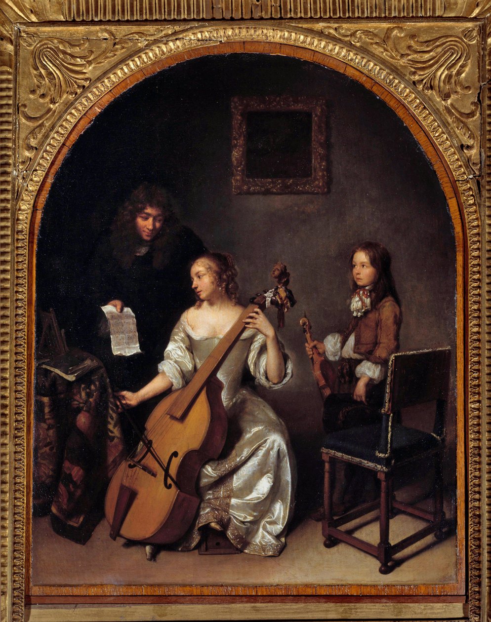 La lecon de basse de viole Maleri af Gaspard Netscher (1639-1684) 1600-tallet søn. 0,45x0,35 m af Caspar Netscher
